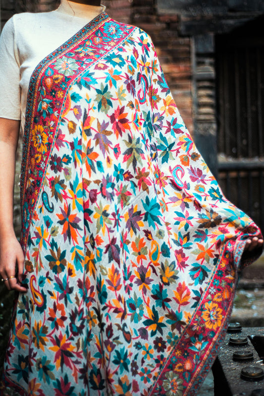 Baby Cashmere Shawl – White Autumn Leaf & Pink Floral Border - Maison Makalu