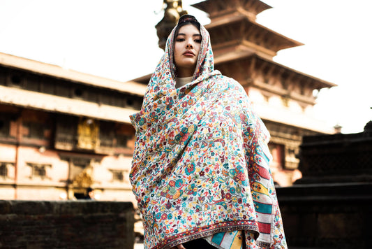 Baby Cashmere Shawl – Garden Bloom with Striped Border - Maison Makalu