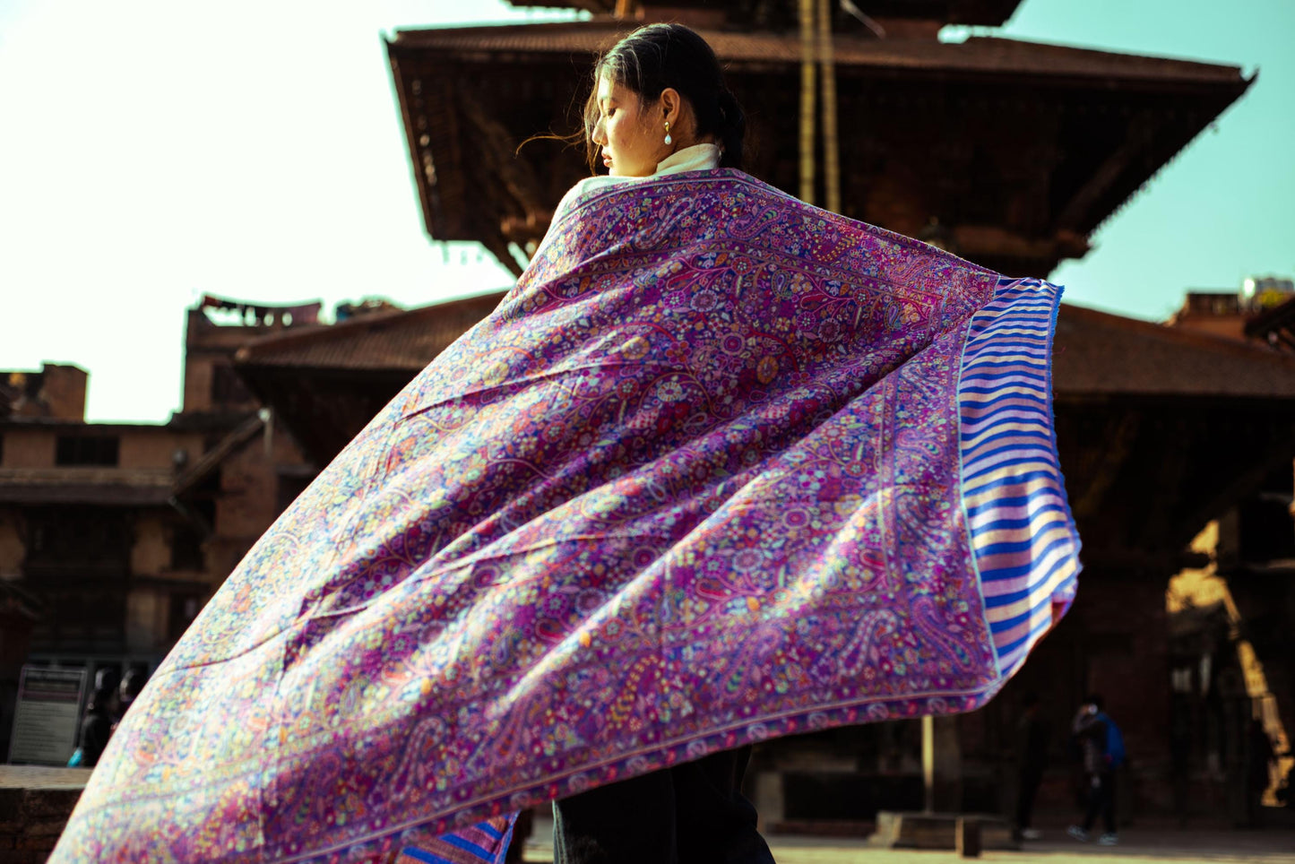 Baby Cashmere Shawl – Royal Purple Paisley & Striped Border - Maison Makalu