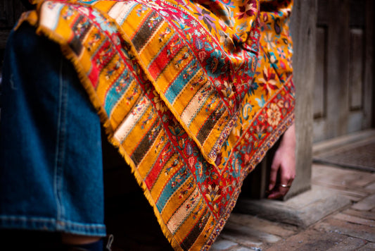 Baby Cashmere Shawl – Marigold & Floral Stripes - Maison Makalu