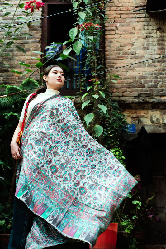 Baby Cashmere Shawl – Ivory with Turquoise & Purple Paisley - Maison Makalu