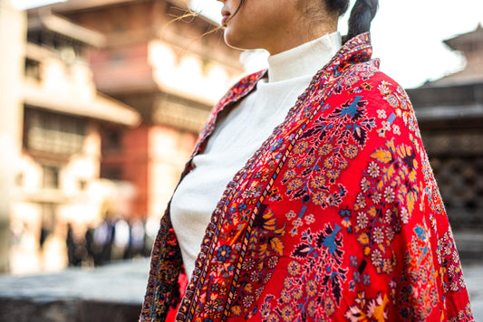 Baby Cashmere Shawl – Crimson Floral & Ornate Border - Maison Makalu