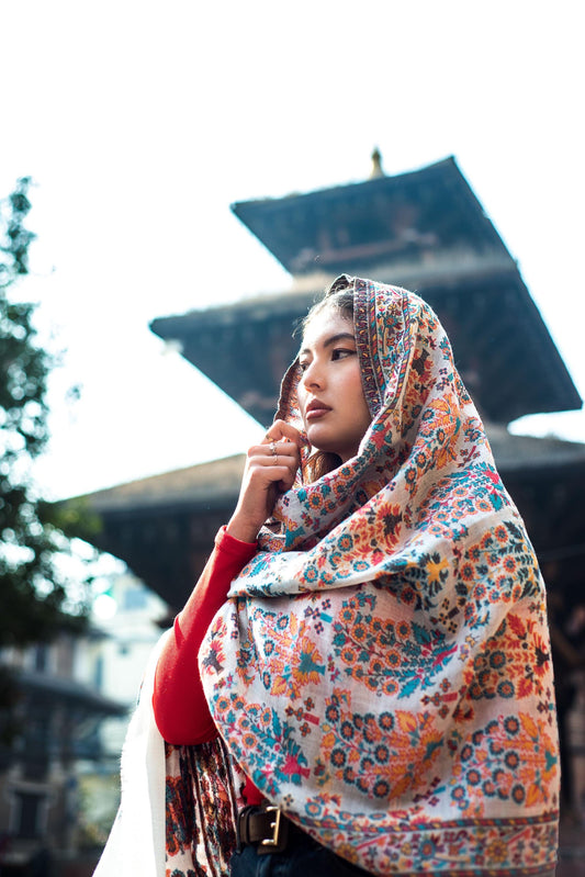 Baby Cashmere Shawl – White Coral & Turquoise Medallions - Maison Makalu