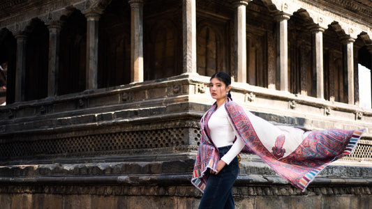 Baby Cashmere Shawl – White Coral Paisley & Striped Edge - Maison Makalu