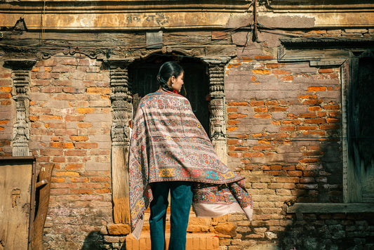 Baby Cashmere Shawl – Soft Beige Floral & Geometric - Maison Makalu