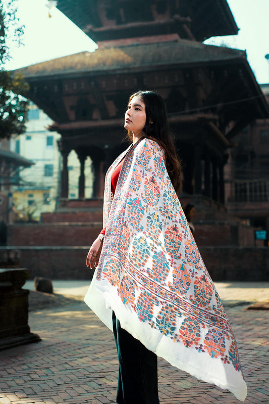 Baby Cashmere Shawl – White Coral & Turquoise Medallions - Maison Makalu