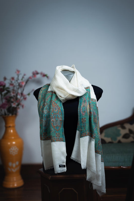 Pashmina Shawl – Ivory & Teal Geometric - Maison Makalu