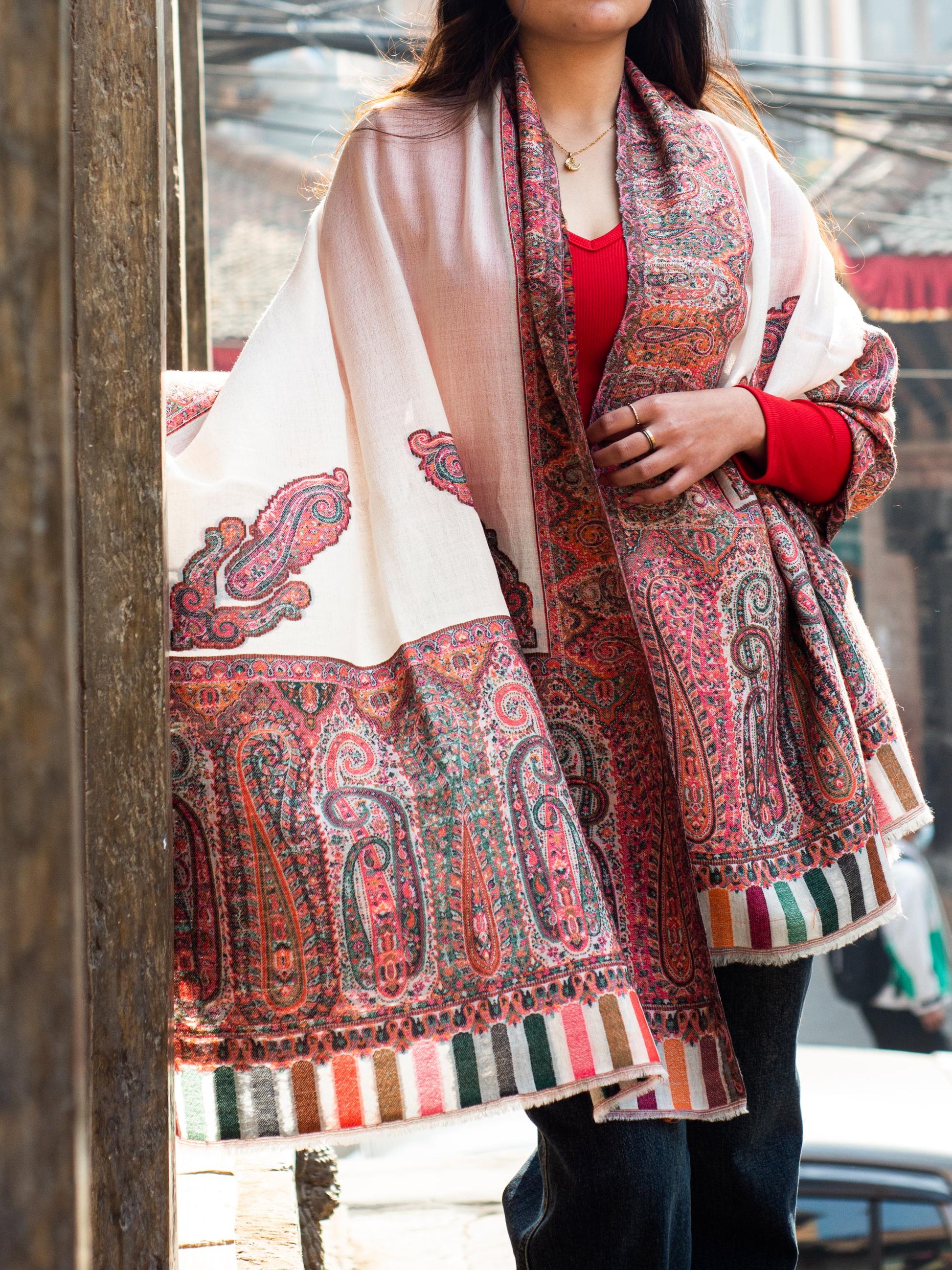 Baby Cashmere Shawl – White Coral Paisley & Striped Edge - Maison Makalu