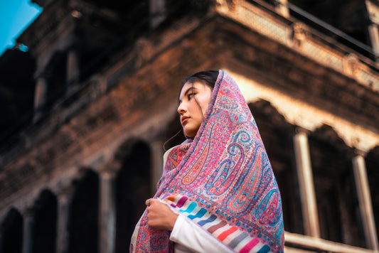 Baby Cashmere Shawl – White Coral Paisley & Striped Edge - Maison Makalu