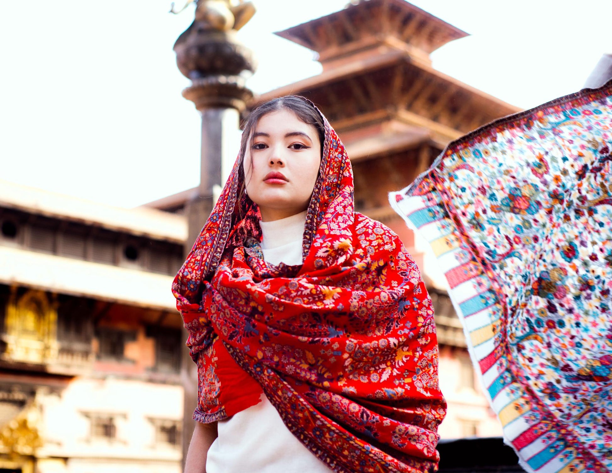 Baby Cashmere Shawl – Crimson Floral & Ornate Border - Maison Makalu