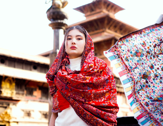 Baby Cashmere Shawl – Crimson Floral & Ornate Border - Maison Makalu