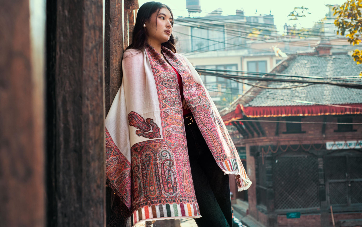 Baby Cashmere Shawl – White Coral Paisley & Striped Edge - Maison Makalu
