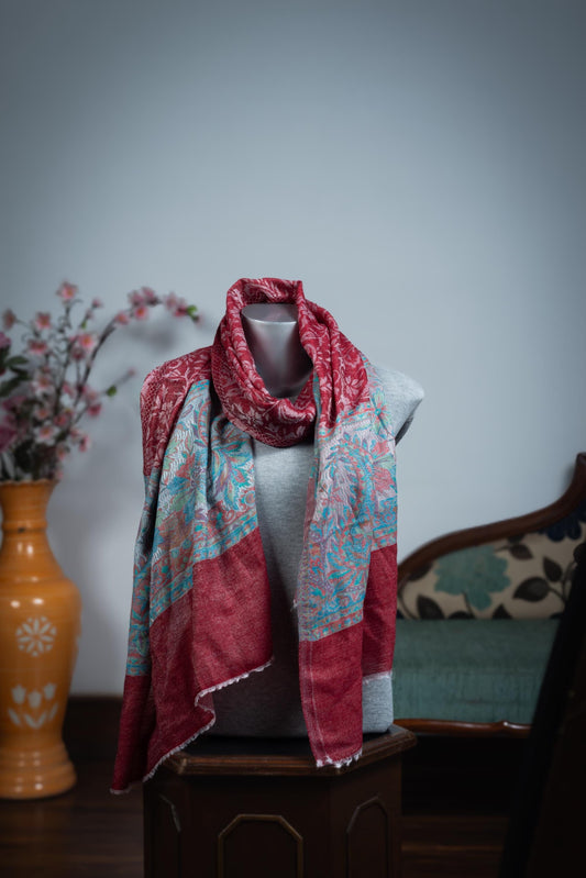 Pashmina Shawl – Wine Red & Teal Floral - Maison Makalu